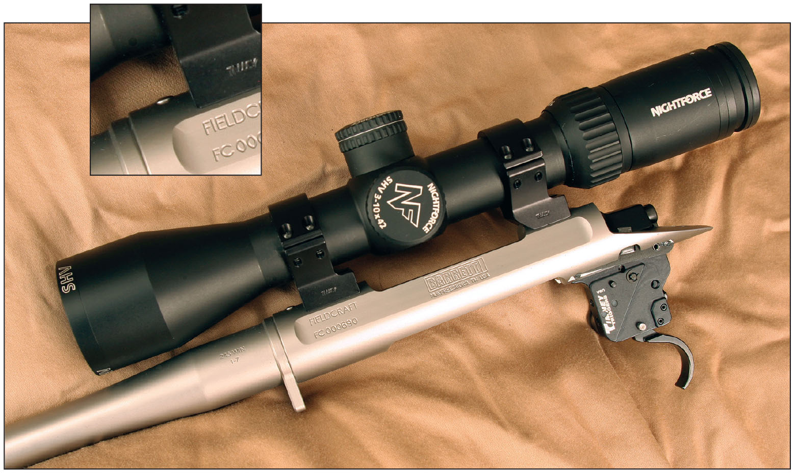 A third scope-mounting hole in the receiver ring (filler screw visible in inset photo) allows flexibility in mounting scopes of various lengths, such as a Nightforce SHV 3-10x 42mm. The Timney trigger has a two-position safety.